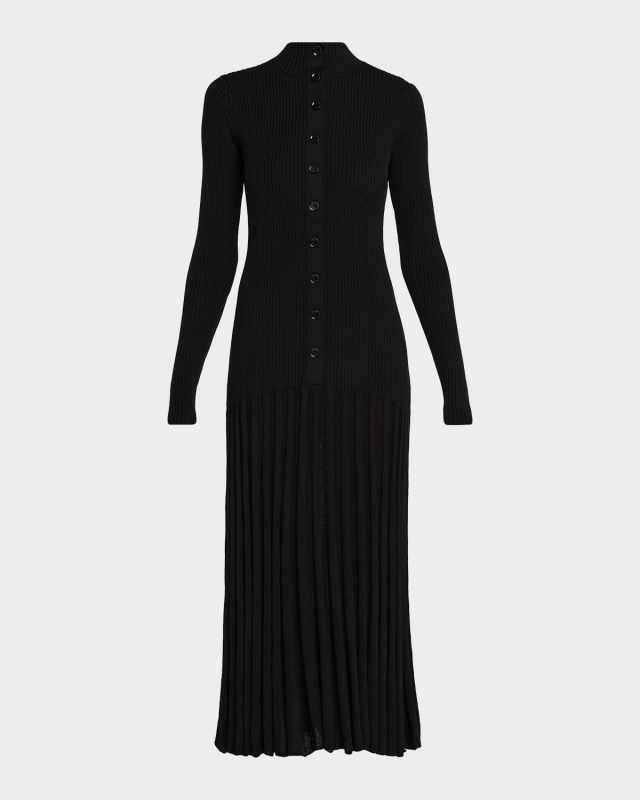 Jada Turtleneck Drop-Waist Button-Front Maxi Dress